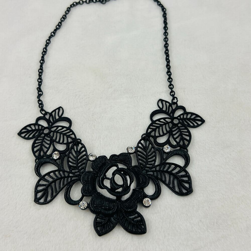 Black Gothic Rose Filigree Statement Necklace Romantic Goth Rhinestone Floral